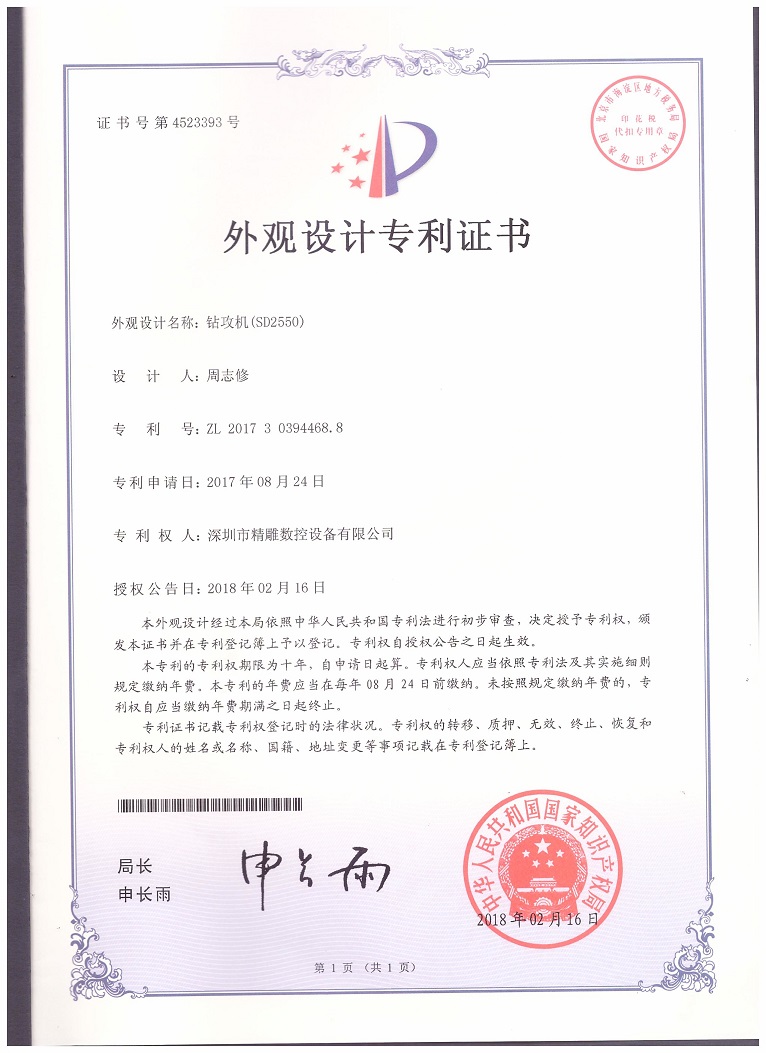 公司2018年取得，大型非標鉆攻機 SD2550外觀設計專利證書。